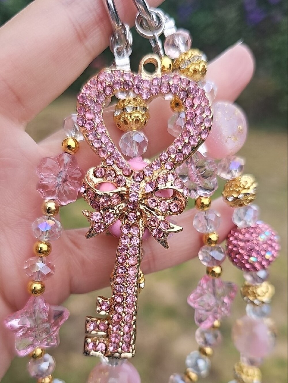 CHARMS: Pink Crystal Key Charm - Picture 1 of 5